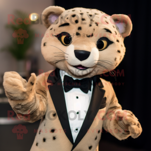 Tan Cheetah mascot costume character dressed with a Tuxedo and Mittens