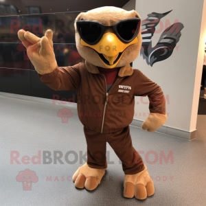 Brown Falcon mascot costume character dressed with a Leather Jacket and Shoe clips