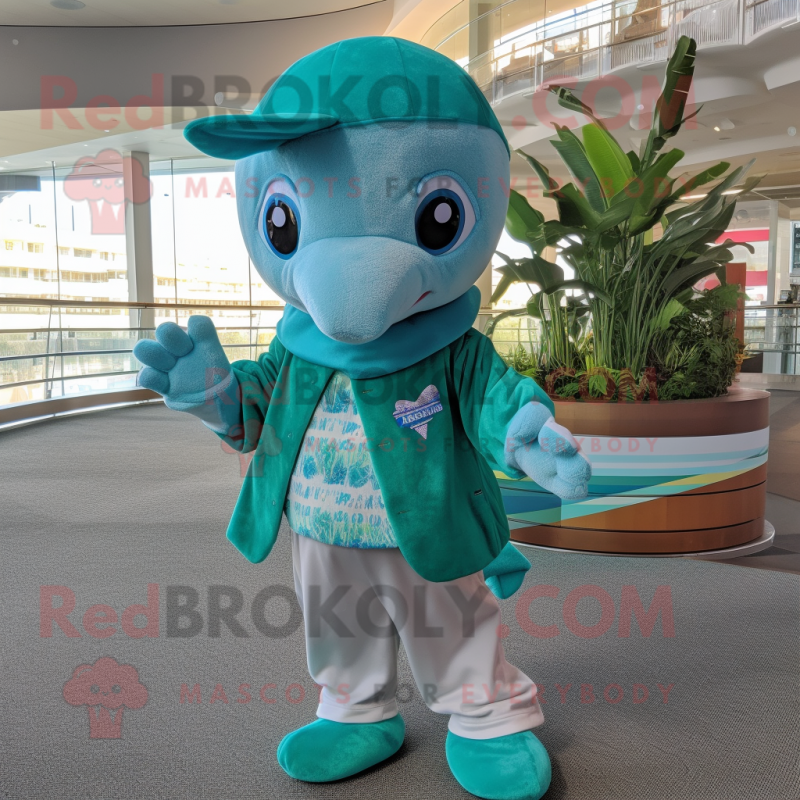 Cyan Dolphin mascot costume character dressed with a Sweater and Ties