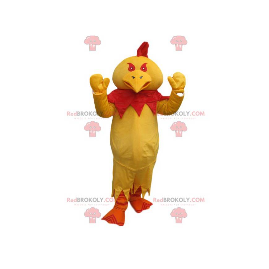 Gelbes Hühnermaskottchen mit einem roten Wappen - Redbrokoly.com
