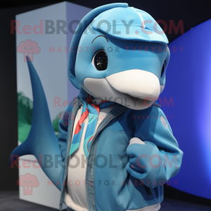 Cyan Dolphin mascot costume character dressed with a Sweater and Ties