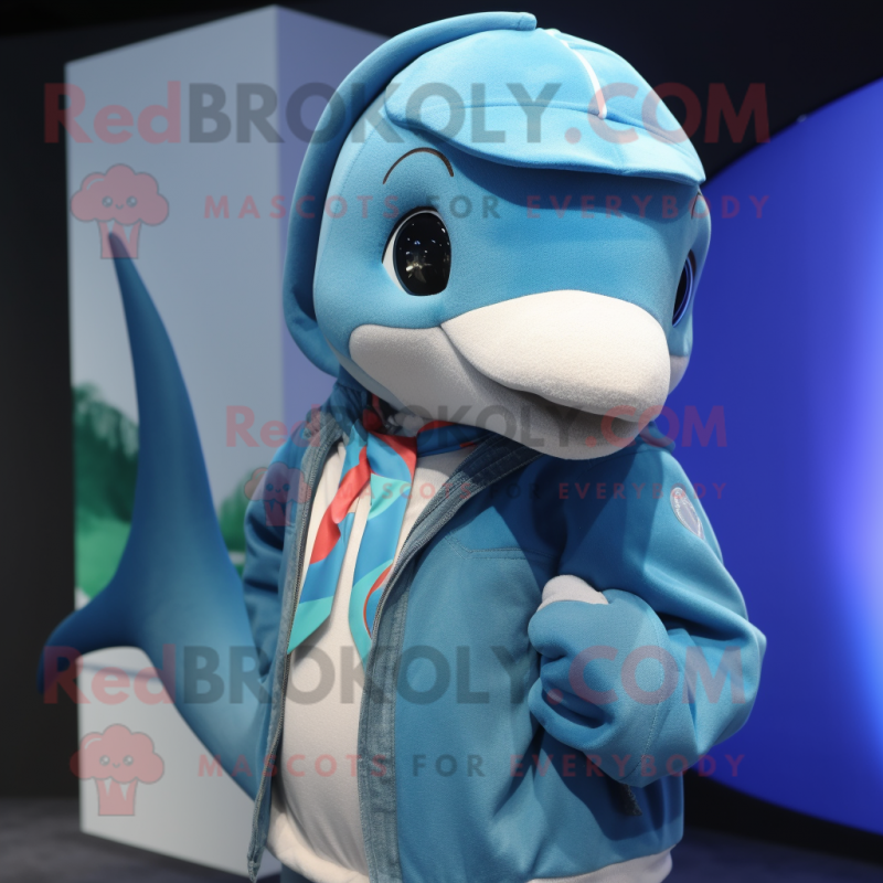 Cyan Dolphin mascot costume character dressed with a Sweater and Ties Cyan Dolphin mascot costume character dressed with a Sweater and Ties