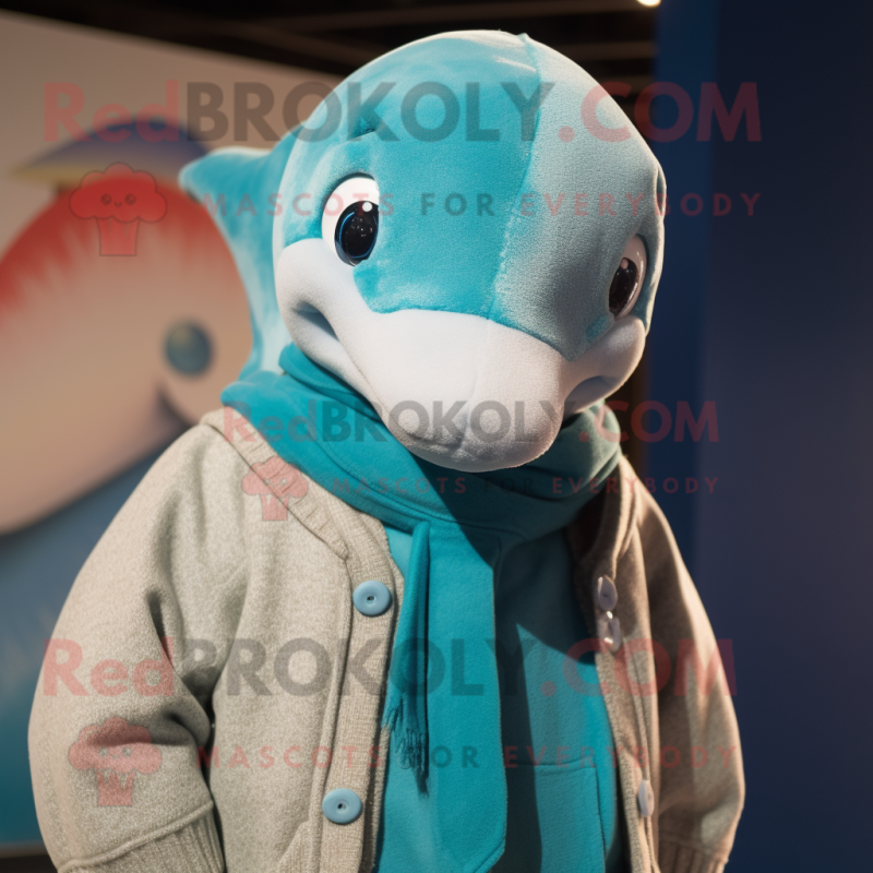 Cyan Dolphin mascot costume character dressed with a Sweater and Ties