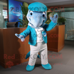 Cyan Dolphin mascot costume character dressed with a Sweater and Ties