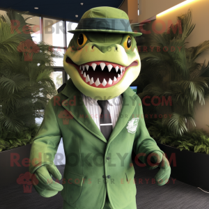 Lime Green Megalodon mascot costume character dressed with a Suit Jacket and Hats