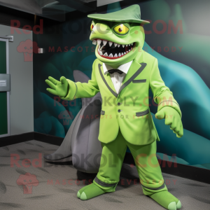 Lime Green Megalodon mascot costume character dressed with a Suit Jacket and Hats
