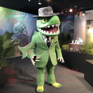 Lime Green Megalodon mascot costume character dressed with a Suit Jacket and Hats