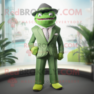 Lime Green Megalodon mascot costume character dressed with a Suit Jacket and Hats