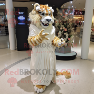 Beige Saber-Toothed Tiger mascot costume character dressed with a Wedding Dress and Bracelet watches