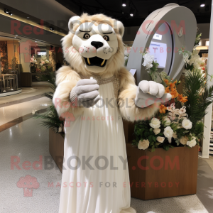 Beige Saber-Toothed Tiger mascot costume character dressed with a Wedding Dress and Bracelet watches