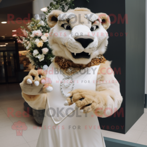 Beige Saber-Toothed Tiger mascot costume character dressed with a Wedding Dress and Bracelet watches