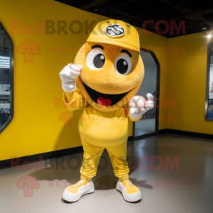 Yellow Baseball Glove mascot costume character dressed with a Jeggings and Headbands