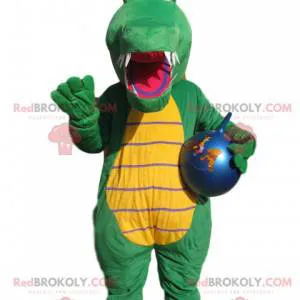 Green crocodile mascot with a blue balloon. - Redbrokoly.com