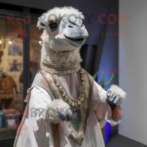 Gray Camel mascot costume character dressed with a Wedding Dress and Bracelets