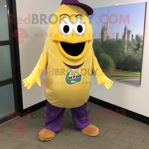 Gold Eggplant mascot costume character dressed with a Overalls and Lapel pins