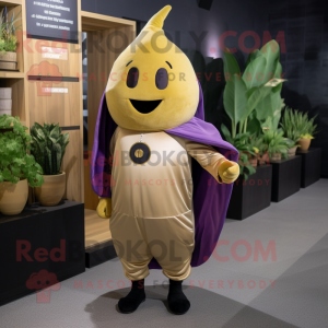 Gold Eggplant mascot costume character dressed with a Overalls and Lapel pins