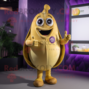 Gold Eggplant mascot costume character dressed with a Overalls and Lapel pins