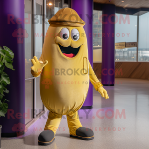 Gold Eggplant mascot costume character dressed with a Overalls and Lapel pins