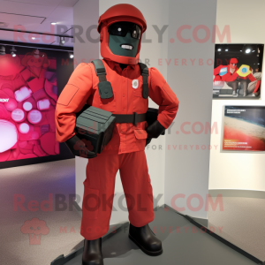 Red Gi Joe mascot costume character dressed with a Playsuit and Messenger bags