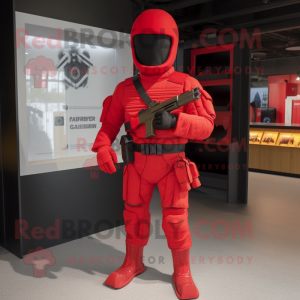 Red Gi Joe mascot costume character dressed with a Playsuit and Messenger bags