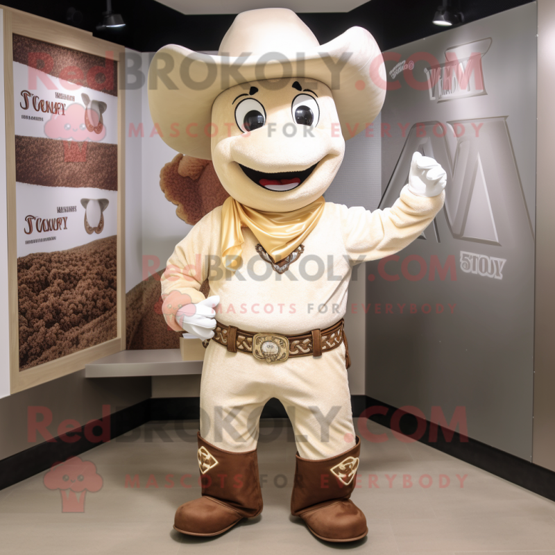 Cream Cowboy mascot costume character dressed with a V-Neck Tee and Earrings Cream Cowboy mascot costume character dressed with a V-Neck Tee and Earrings