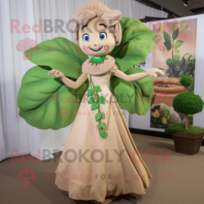 Tan Beanstalk mascot costume character dressed with a Midi Dress and Earrings