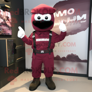 Maroon Para Commando mascot costume character dressed with a Midi Dress and Suspenders