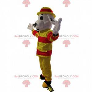 White dog mascot in firefighter outfit - Redbrokoly.com