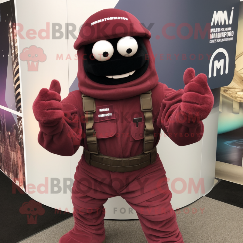 Maroon Para Commando mascot costume character dressed with a Midi Dress and Suspenders