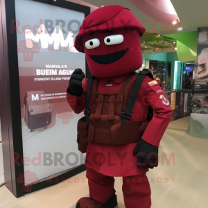 Maroon Para Commando mascot costume character dressed with a Midi Dress and Suspenders