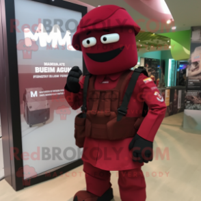 Maroon Para Commando mascot costume character dressed with a Midi Dress and Suspenders