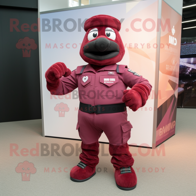 Maroon Para Commando mascot costume character dressed with a Midi Dress and Suspenders