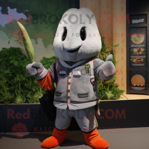 Gray Carrot mascot costume character dressed with a Bomber Jacket and Brooches
