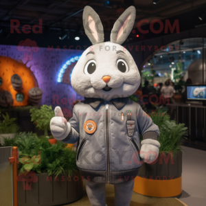 Gray Carrot mascot costume character dressed with a Bomber Jacket and Brooches