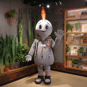 Gray Carrot mascot costume character dressed with a Bomber Jacket and Brooches