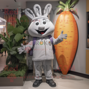 Gray Carrot mascot costume character dressed with a Bomber Jacket and Brooches