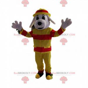 White dog mascot in firefighter outfit - Redbrokoly.com