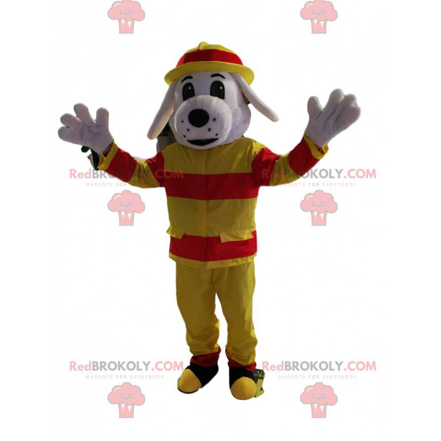 Mascote cachorro branco em traje de bombeiro - Redbrokoly.com