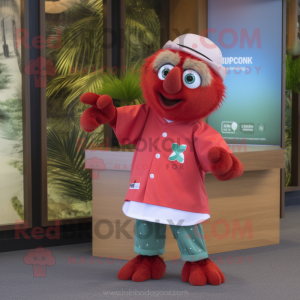 Red Kiwi mascot costume character dressed with a Button-Up Shirt and Anklets