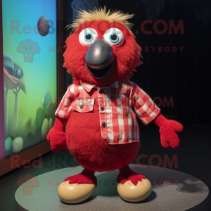 Red Kiwi mascot costume character dressed with a Button-Up Shirt and Anklets