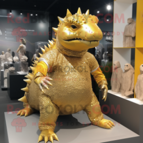 Gold Ankylosaurus mascot costume character dressed with a Rash Guard and Clutch bags