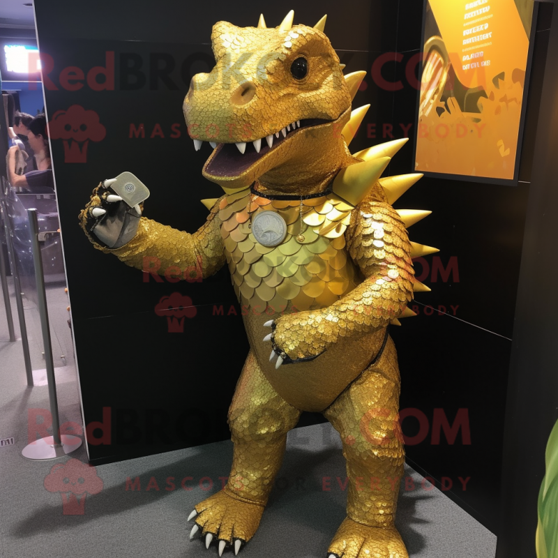 Gold Ankylosaurus mascot costume character dressed with a Rash Guard and Clutch bags Gold Ankylosaurus mascot costume character dressed with a Rash Guard and Clutch bags