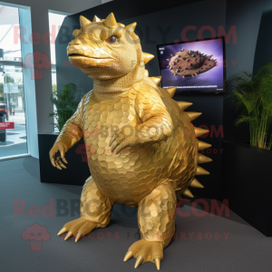 Gold Ankylosaurus mascot costume character dressed with a Rash Guard and Clutch bags