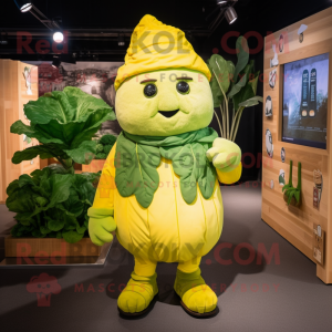 Yellow Cabbage mascot costume character dressed with a Cardigan and Caps