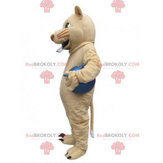 Creme Löwin Maskottchen mit einem blauen Ballon - Redbrokoly.com