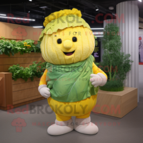 Yellow Cabbage mascot costume character dressed with a Cardigan and Caps