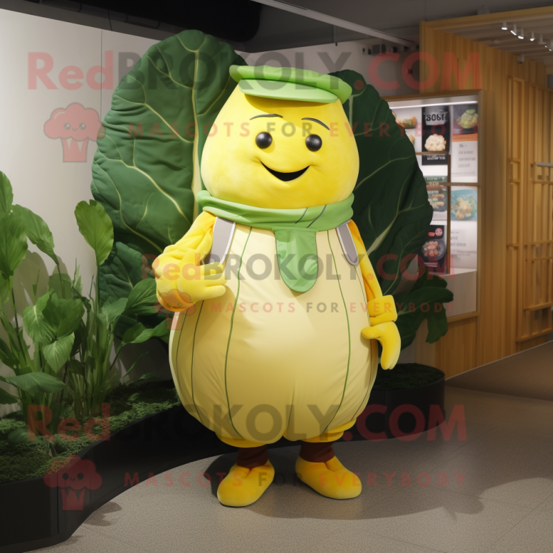 Yellow Cabbage mascot costume character dressed with a Cardigan and Caps