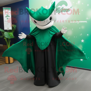 Forest Green Manta Ray mascot costume character dressed with a Culottes and Gloves