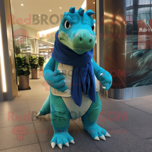 Cyan Iguanodon mascot costume character dressed with a Coat and Scarf clips