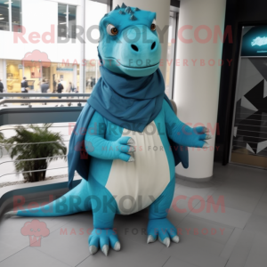 Cyan Iguanodon mascot costume character dressed with a Coat and Scarf clips